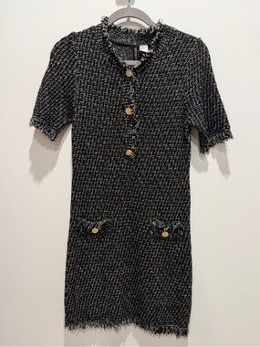 H&M Black Tweed Mini Dress with Gold Buttons